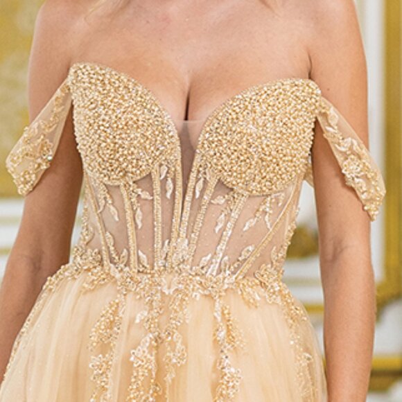 New Off Shoulder Long Semi-Ball Gown w/ Sheer Beads Embellished Bodice DQ 4490 - Picture 4 of 8